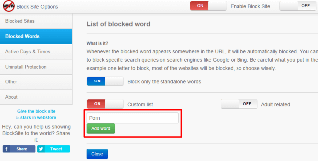 Block Sites On Chrome according to words